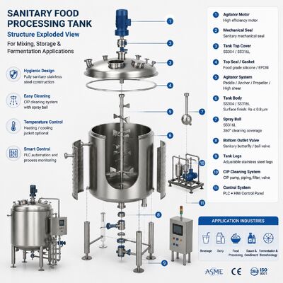 Thùng trộn vệ sinh SS316L với máy khuấy cho chế biến thực phẩm và đồ uống/Thùng lên men vệ sinh SS316L cho sản xuất thực phẩm và đồ uống